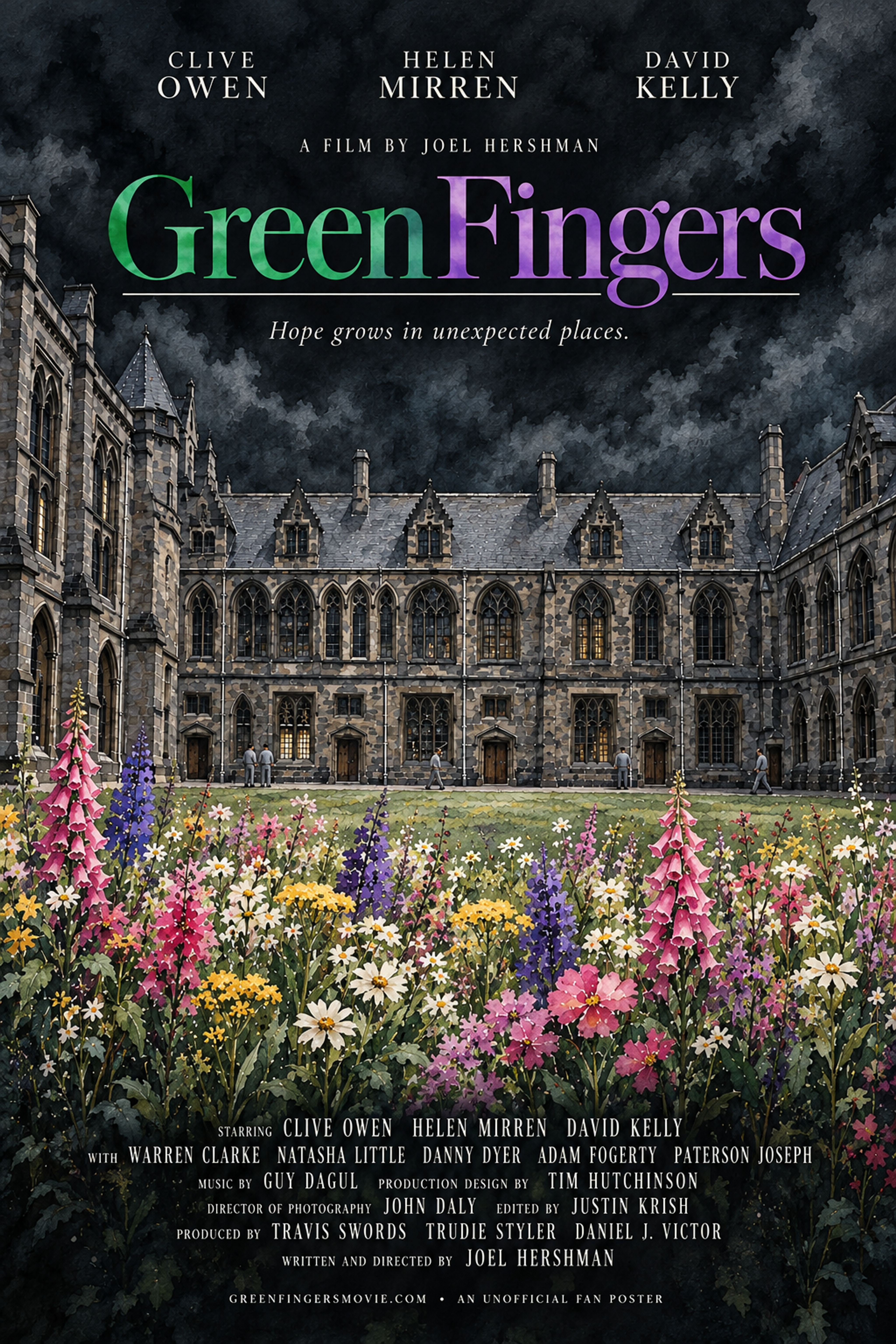 Illustrated Green Fingers fan poster with pink, purple, white and yellow flowers before a stone courtyard under a dark sky, with a green and purple title.