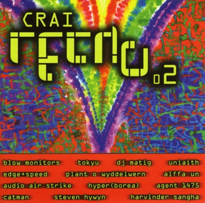 A vivid abstract cover with a branching multicoloured plume, large lime-green “CRAI TECHNO” lettering and small names along the bottom.