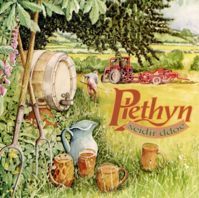 A painted rural scene with a wooden waterwheel, a figure, a red tractor, farm tools and drinking vessels beneath the title “Pethyn”.