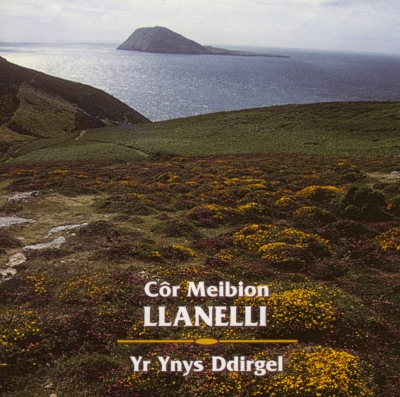 A flower-covered coastal hillside overlooks calm grey-blue water and a low island, with Welsh lettering centred across the foreground.
